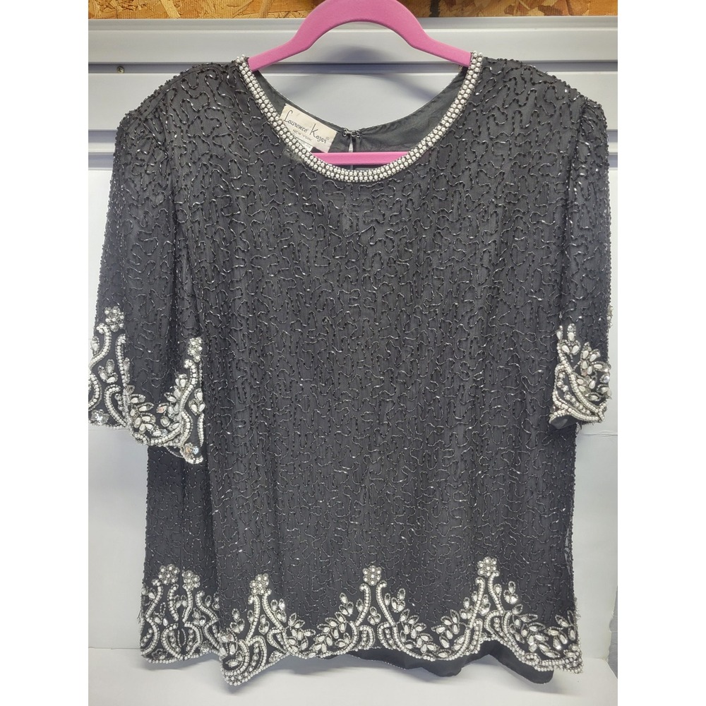 Laurence Kazar Black Silk Beaded Pearl Blouse Plus Size 3X Vintage‎ Evening Top